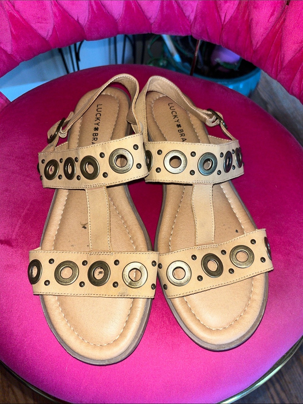 Lucky Brand Tan Grommet T-Strap Slingback Sandals